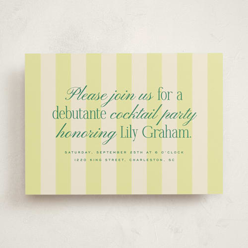 This is a lemon debutante party invitations with standard by Ellen Schlegelmilch called debutante stripes printing on signature in standard