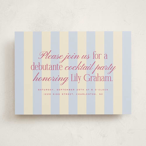 This is a periwinkle debutante party invitations with standard by Ellen Schlegelmilch called debutante stripes printing on signature in standard