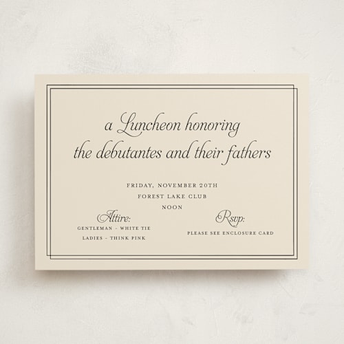 This is a cream debutante party invitations with standard by Ani Somi called calling card printing on signature in standard