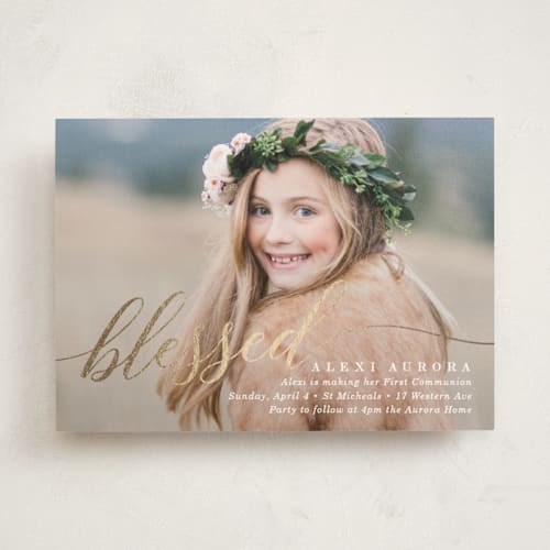 This is a snow confirmation invitations cards with foil pressed by Baumbirdy called blessed overlay printing on signature in standard