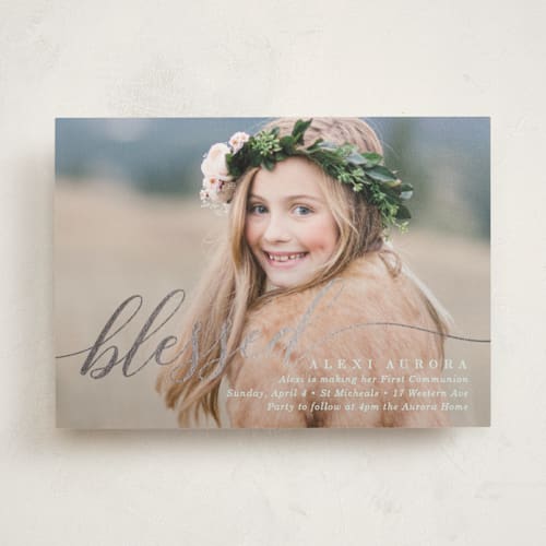 This is a mint confirmation invitations cards with foil pressed by Baumbirdy called blessed overlay printing on signature in standard
