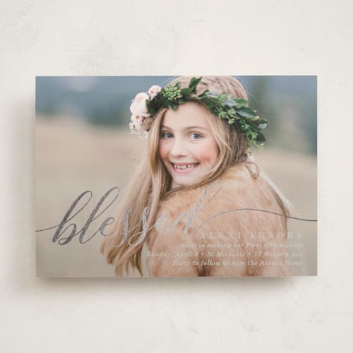 This is a warm grey confirmation invitations cards with foil pressed by Baumbirdy called blessed overlay printing on signature in standard