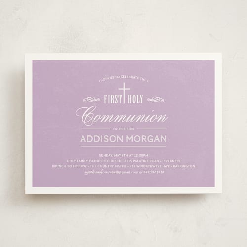 This is a lavender communion invitations announcements with standard by Beth Schneider called stately cross printing on signature in standard