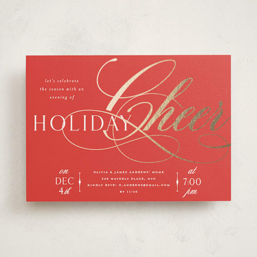 This is a holly berry holiday party invitations with foil pressed by Melanie Kosuge called joy flourish printing on signature in standard