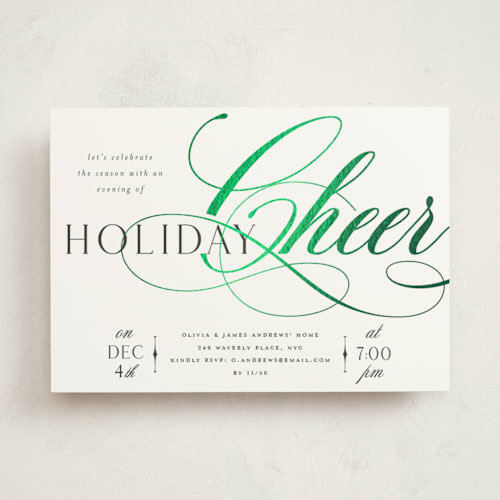 This is a snowfall holiday party invitations with foil pressed by Melanie Kosuge called joy flourish printing on signature in standard