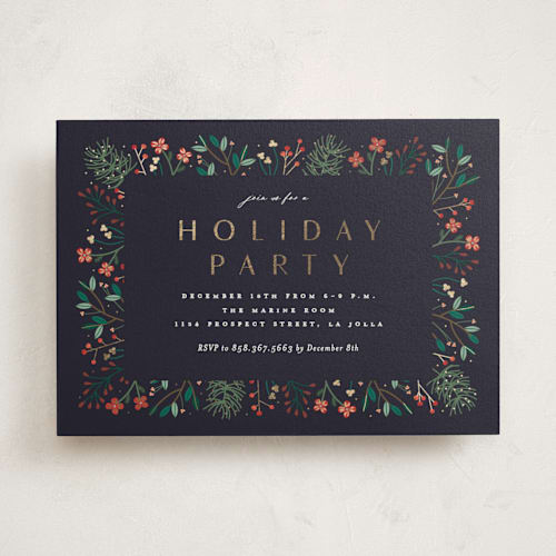 This is a midnight holiday party invitations with foil pressed by Erica Krystek called modern holiday party printing on signature in standard