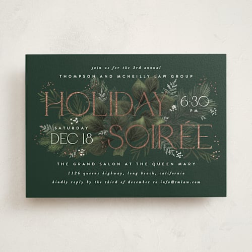 This is a evergreen holiday party invitations with foil pressed by Leah Bisch called tis the season printing on signature in standard