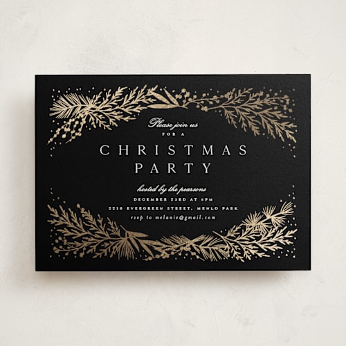 This is a midnight holiday party invitations with foil pressed by Amy Kross called spread cedars printing on signature in standard