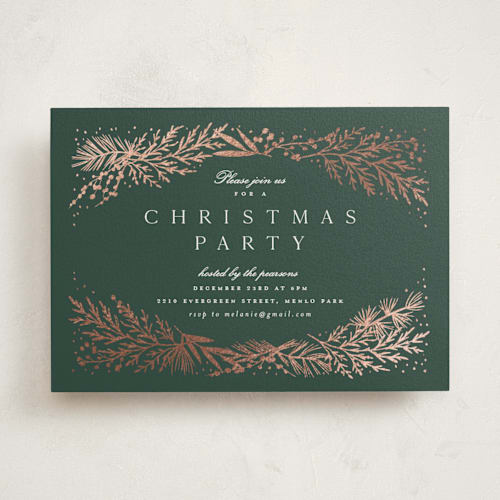 This is a pine holiday party invitations with foil pressed by Amy Kross called spread cedars printing on signature in standard