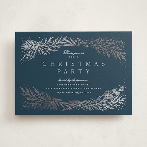 This is a juniper holiday party invitations with foil pressed by Amy Kross called spread cedars printing on signature in standard