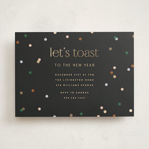 This is a midnight holiday party invitations with foil pressed by Ellen Schlegelmilch called let's toast printing on signature in standard
