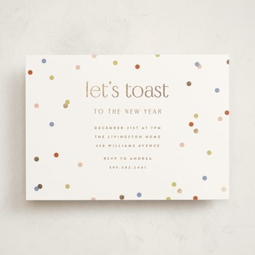 This is a pearl holiday party invitations with foil pressed by Ellen Schlegelmilch called let's toast printing on signature in standard