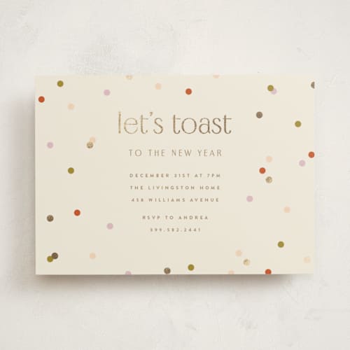 This is a cream holiday party invitations with foil pressed by Ellen Schlegelmilch called let's toast printing on signature in standard