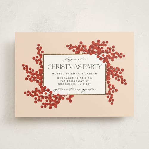 This is a blush holiday party invitations with foil pressed by Iveta Angelova called berry party printing on signature in standard