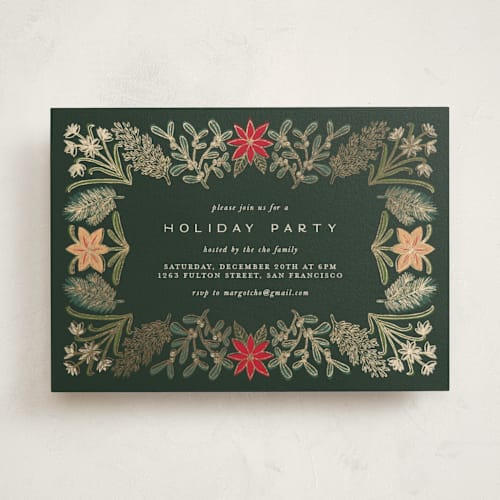 This is a pine holiday party invitations with foil pressed by Amy Kross called paper whites printing on signature in standard