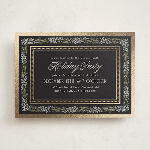This is a midnight holiday party invitations with foil pressed by Laura Hankins called evergreen frame printing on signature in standard