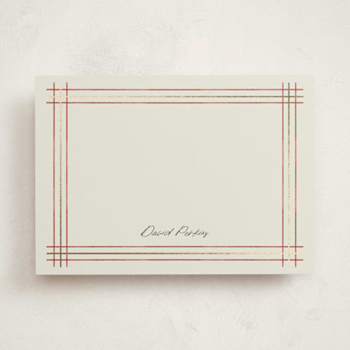This is a ivory personalized stationery thank you cards with foil pressed by Stacey Meacham called sketched plaid frame printing on signature in 5x7
