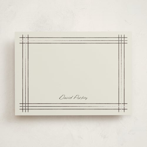 This is a graphite personalized stationery thank you cards with foil pressed by Stacey Meacham called sketched plaid frame printing on signature in 5x7