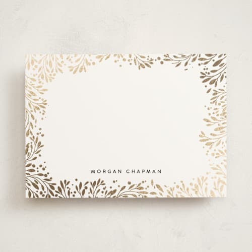 This is a tuxedo personalized stationery thank you cards with foil pressed by Angela Thompson called golden leaf surround printing on signature in 5x7