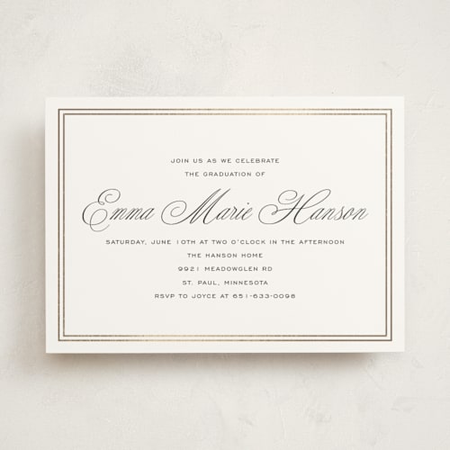 This is a inkwell graduation invitations with foil pressed by Megan Davis called scholarly charm printing on signature in standard