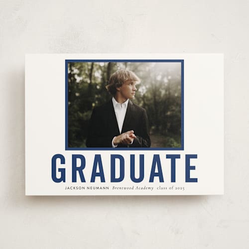 This is a navy graduation announcements with standard by Sara Hicks Malone called jax printing on party paper in photo_mount