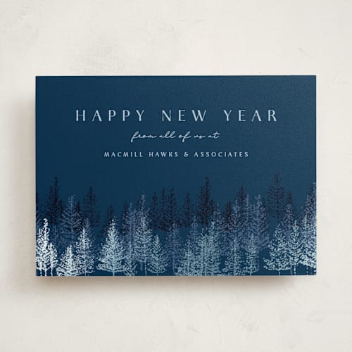 This is a midnight business holiday cards with foil pressed by Kaydi Bishop called pine pointillism printing on signature in standard