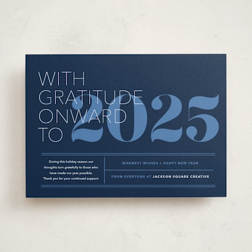 This is a blue night business holiday cards with standard by Annie Clark called the grateful type printing on signature in standard