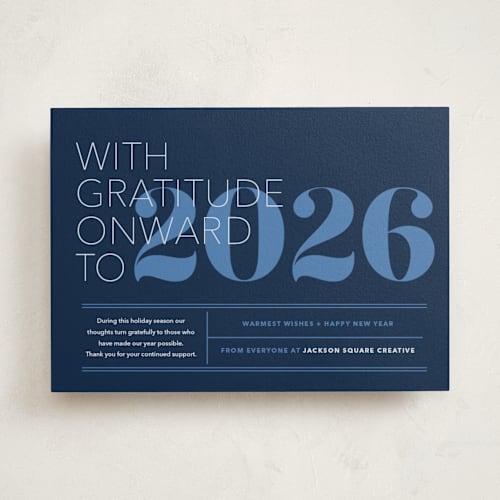 This is a blue night business holiday cards with standard by Annie Clark called the grateful type printing on signature in standard