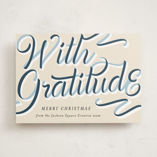 This is a navy business holiday cards with standard by AK Graphics called ribbon greeting printing on signature in standard