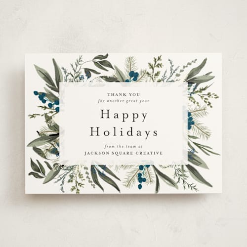 This is a winter berry business holiday cards with standard by Susan Moyal called holiday botanical printing on signature in standard