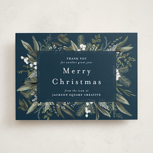 This is a blue spruce business holiday cards with standard by Susan Moyal called holiday botanical printing on signature in standard