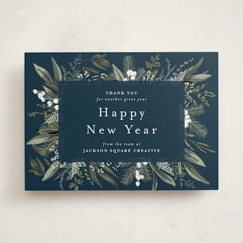 This is a blue spruce business holiday cards with standard by Susan Moyal called holiday botanical printing on signature in standard