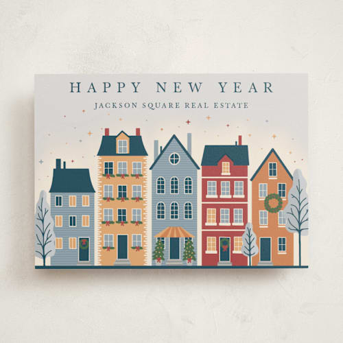 This is a frost business holiday cards with standard by Diana Pinnell called decorated city street printing on signature in standard