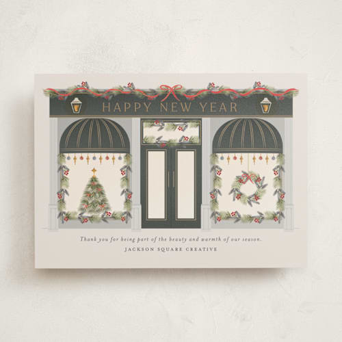 This is a wreath business holiday cards with standard by Ana de Sousa called season’s greetings storefront printing on signature in standard