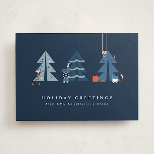 This is a navy business holiday cards with standard by Corinne Malesic called holiday construction printing on signature in standard
