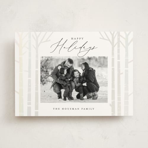 This is a snow gloss press holiday cards with gloss press by Brooke Chandler called birch trees printing on signature in standard