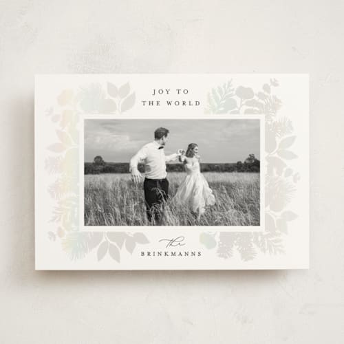 This is a snow gloss press holiday cards with gloss press by Brooke Chandler called joy greenery printing on signature in standard