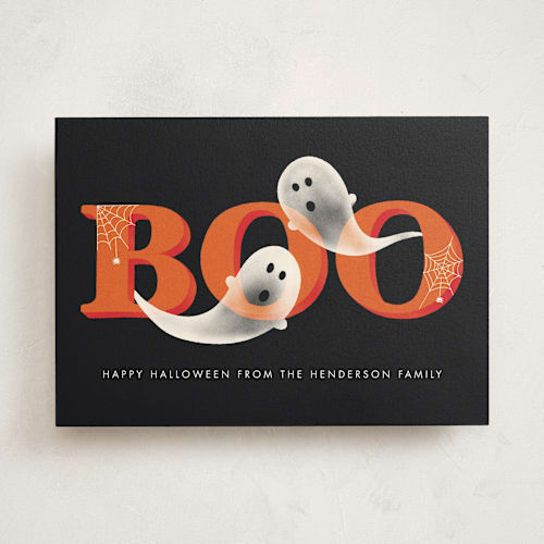 This is a charcoal halloween party invitations cards by Megan Cash called boo! printing on signature in standard