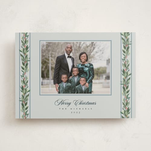 This is a winter sky photo mount holiday cards with standard by Rebecca Durflinger called evergreen garlands printing on recycled in photo_mount
