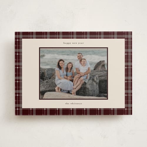 This is a oak photo mount holiday cards with standard by Makewells called plaid peace printing on recycled in photo_mount
