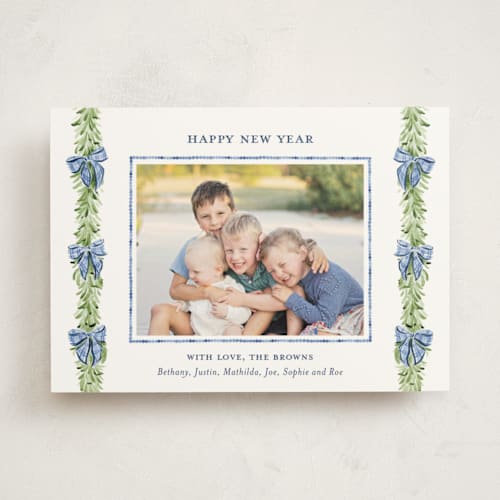 This is a frosted photo mount holiday cards with standard by Sarah Knight called plaid bows printing on recycled in photo_mount