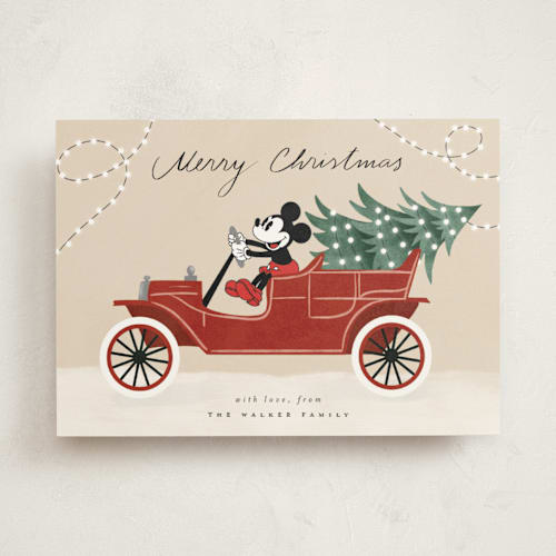 This is a cranberry non photo holiday cards with standard by Maja Cunningham called disney mickey christmas ride printing on signature in standard