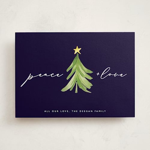 This is a navy non photo holiday cards with standard by Erin Deegan called simple tree printing on signature in standard