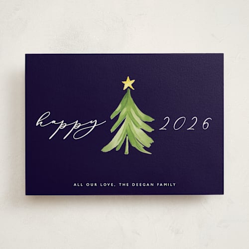 This is a navy non photo holiday cards with standard by Erin Deegan called simple tree printing on signature in standard