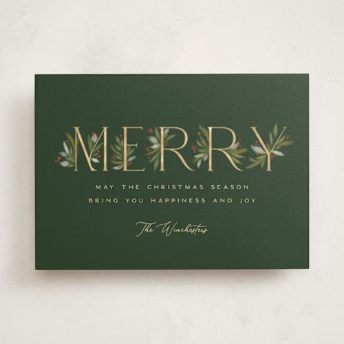 This is a pine non photo holiday cards with standard by Paula Pecevich called botanical merry printing on signature in standard
