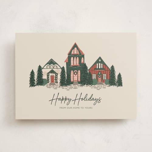 This is a merlot non photo holiday cards with standard by Katrina Edwards called happy holidays village printing on signature in standard