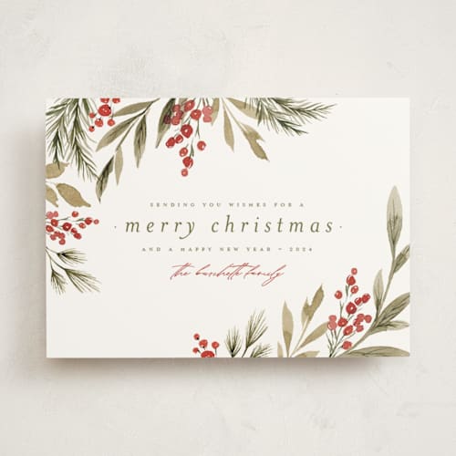 This is a garland non photo holiday cards with standard by Wildfield Paper Co called holly + cedar printing on signature in standard