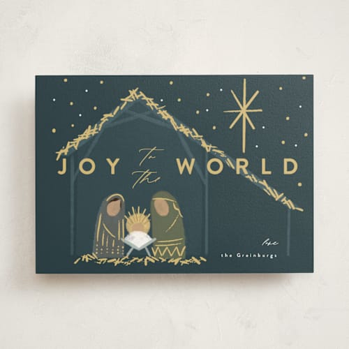 This is a midnight non photo holiday cards with standard by Rebecca Durflinger called nativity printing on signature in standard