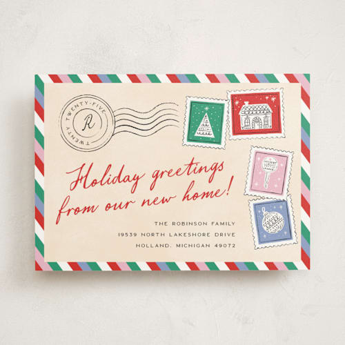 This is a ornament non photo holiday cards with standard by Pixel and Hank called new holiday home printing on signature in standard