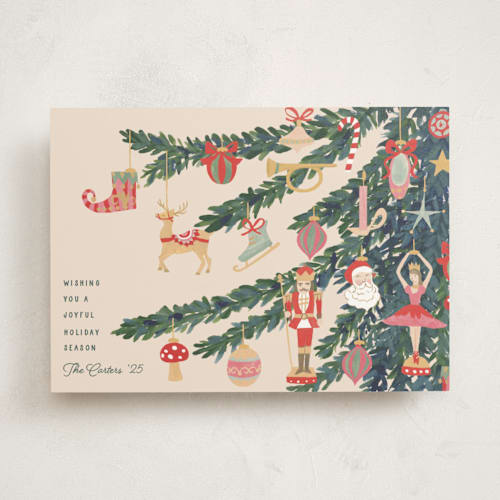 This is a champagne non photo holiday cards with standard by Teju Reval called fun ornaments printing on signature in standard